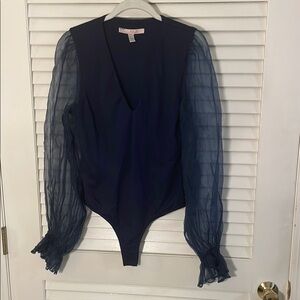 Hutch  Anthropologie Navy Low V Neck Bodysuit Sheer Long Elastic Sleeves